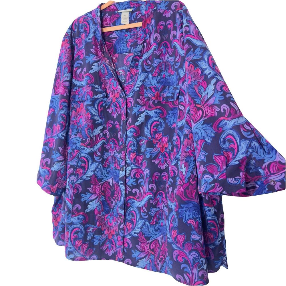 Catherines Women’s Blouse Size 4X 30 32W Top Button Front Print V-Neck